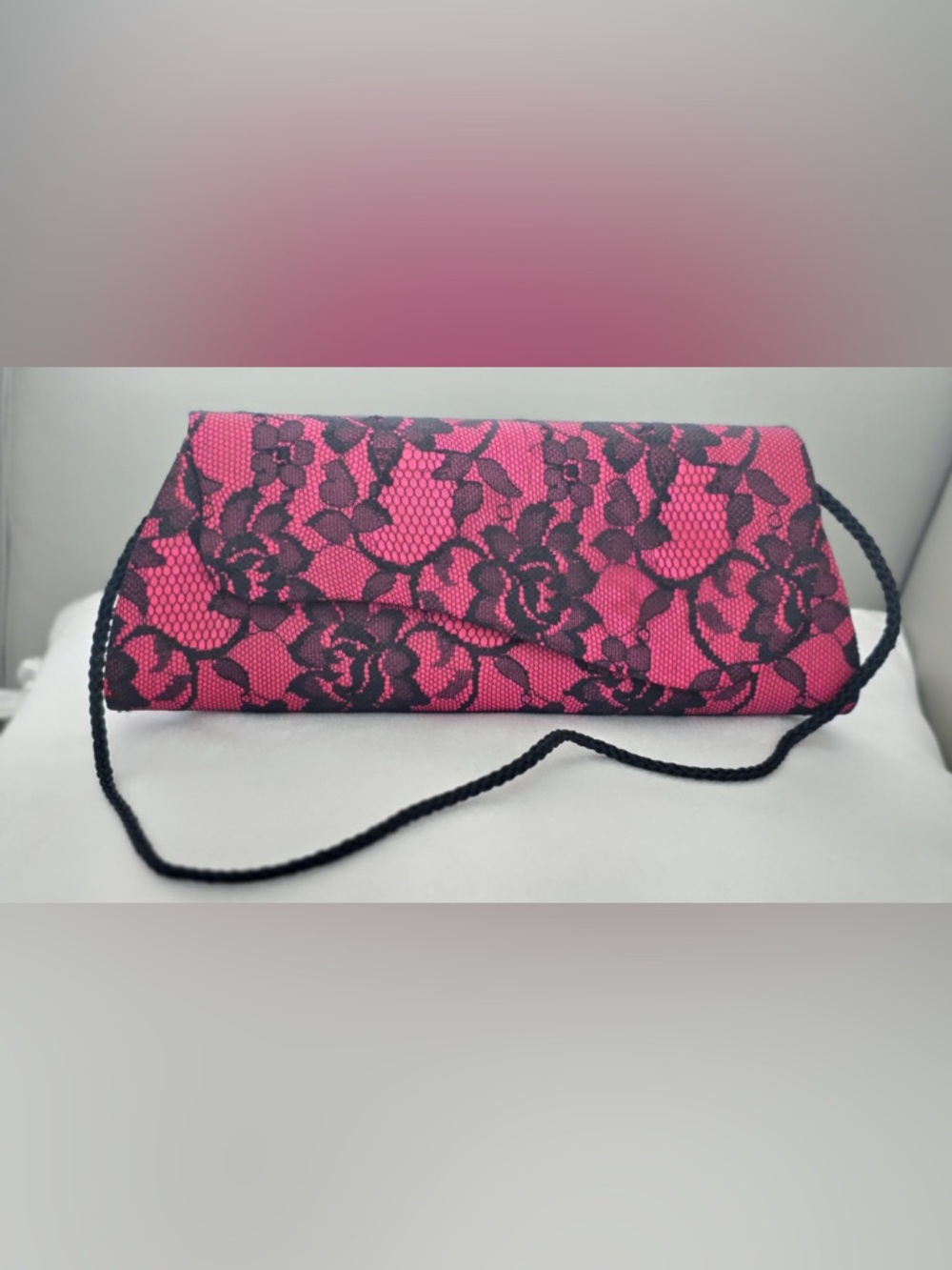 Pink Lace Overlay Evening Clutch with Cord Strap